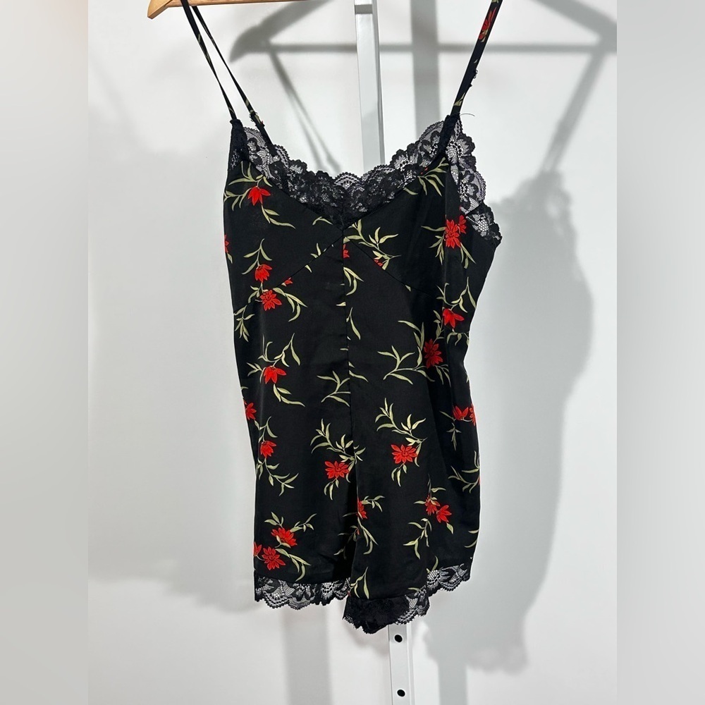 Floral Lace Trim Satin Bodysuit (fits like medium)